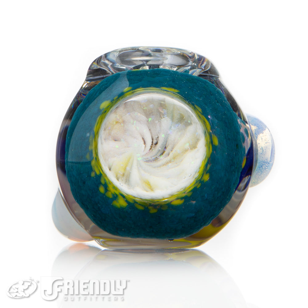 Oregon J Glass 4" Dichro Spoon w/Aqua and Yellow Accents w/Horn #6