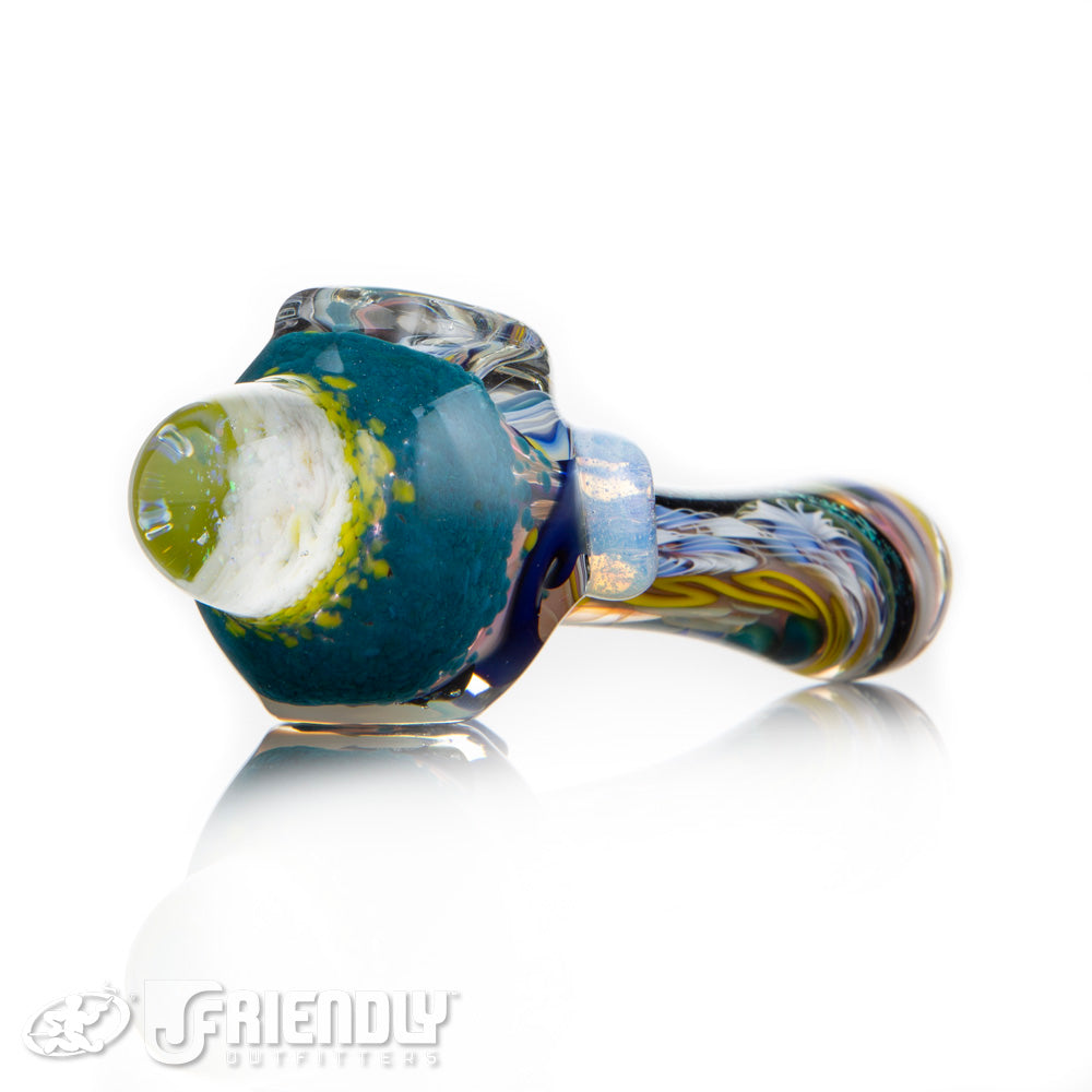 Oregon J Glass 4" Dichro Spoon w/Aqua and Yellow Accents w/Horn #6