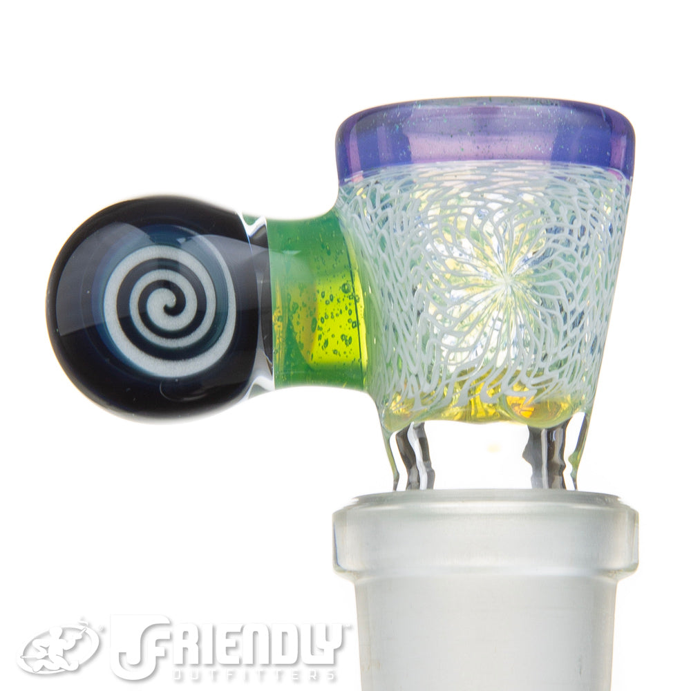 Jareds Glass 14mm 3 Hole White Wig Wag w/ Green & Purple Hypnotech Slide #50