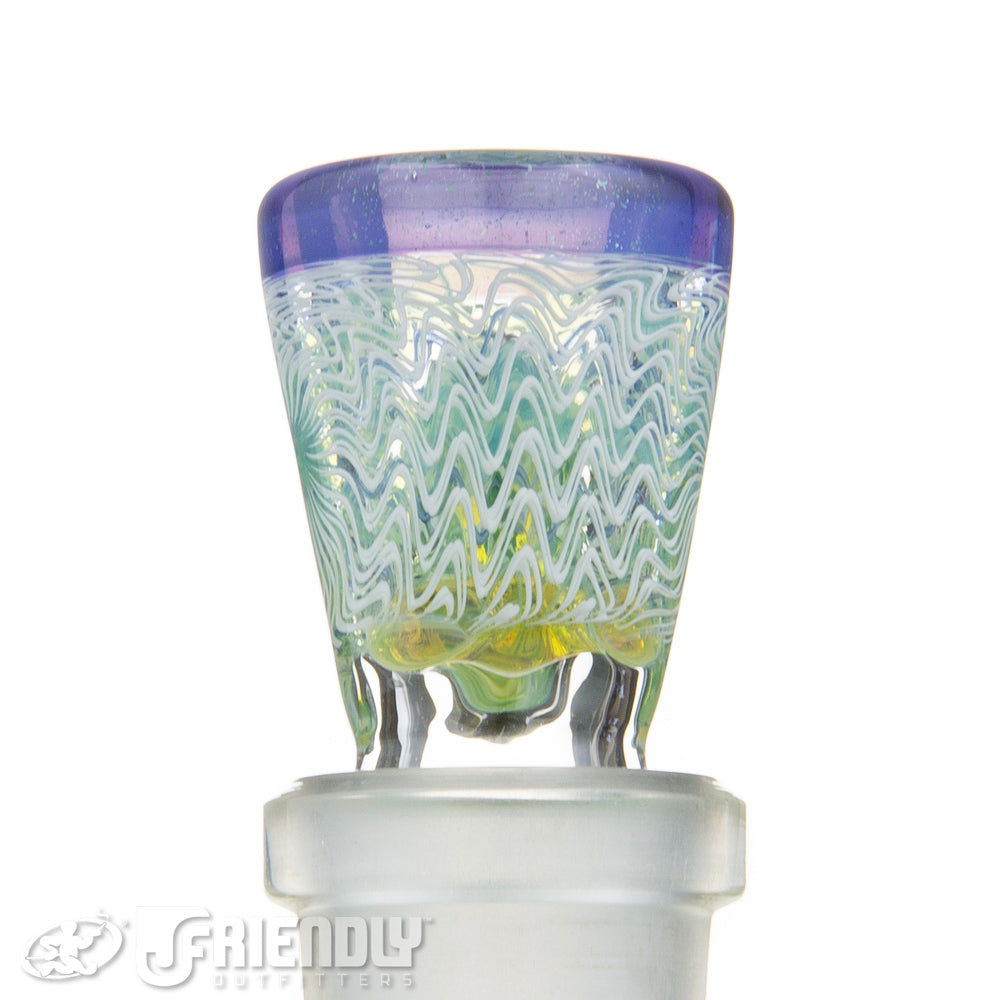 Jareds Glass 14mm 3 Hole White Wig Wag w/ Green & Purple Hypnotech Slide #50
