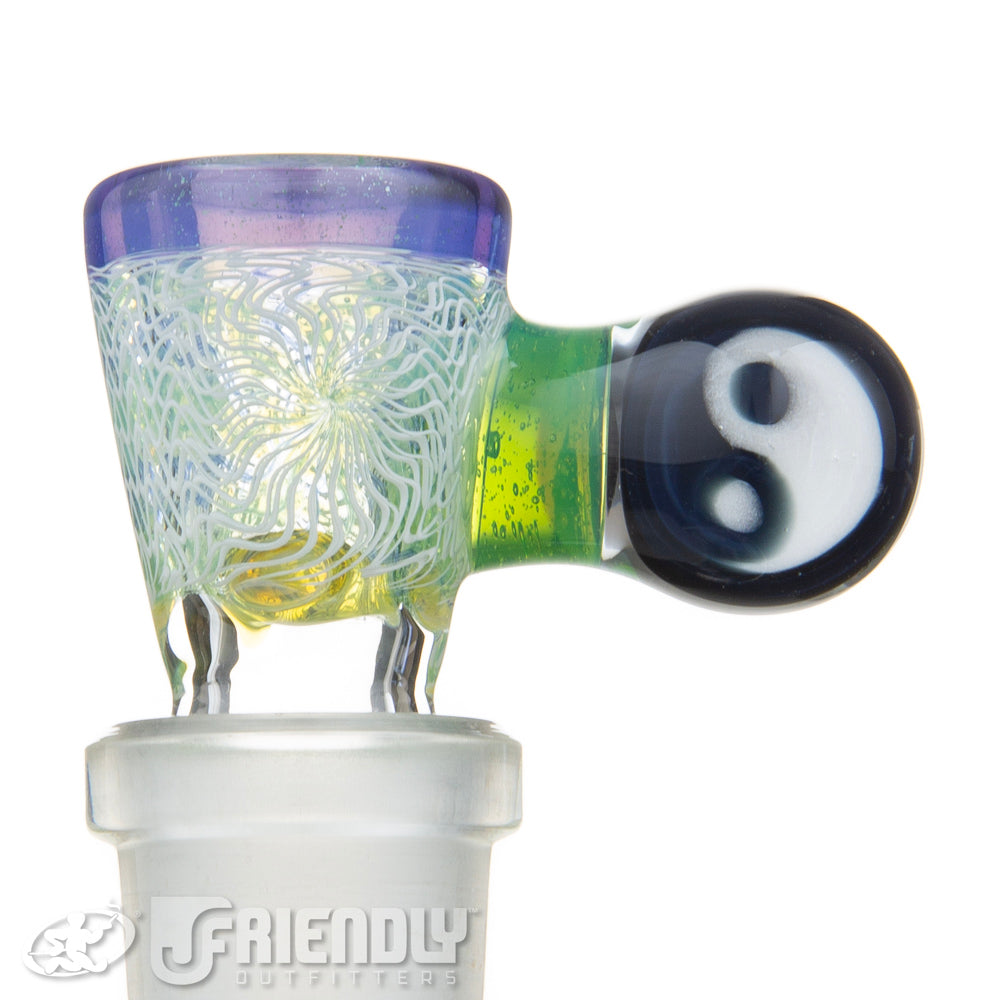 Jareds Glass 14mm 3 Hole White Wig Wag w/ Green & Purple Hypnotech Slide #50