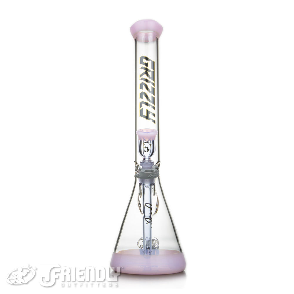 Grizzly Glass Co 5mm Beaker w/Jade Pink Encalmo and Trans Purple Accents and Faceted Joint