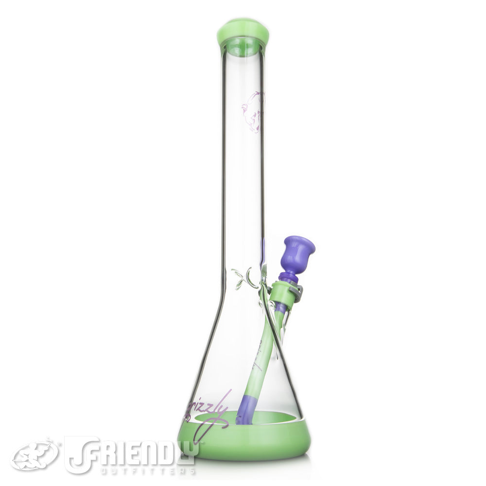 Grizzly Glass Co 5mm Beaker w/Green and Purple Accents and Faceted Joint