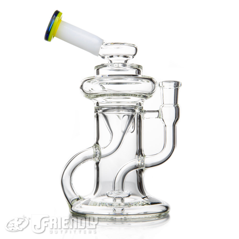 Nev Glass 14mm Full Can Recycler w/Extended Mouth Piece and Green and Yellow Lips