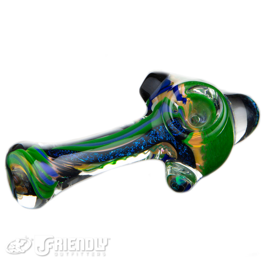 Oregon J Glass Green and Blue Thick Spoon w/Dichro Stripe