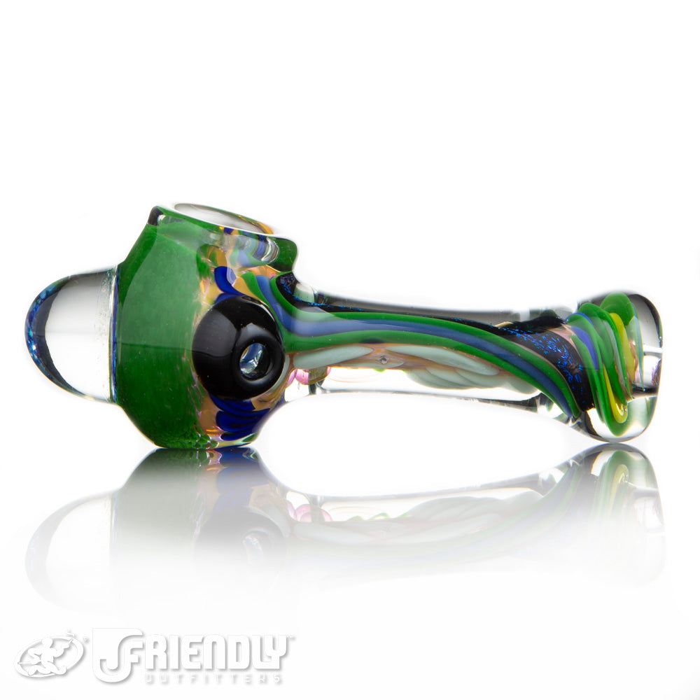Oregon J Glass Green and Blue Thick Spoon w/Dichro Stripe