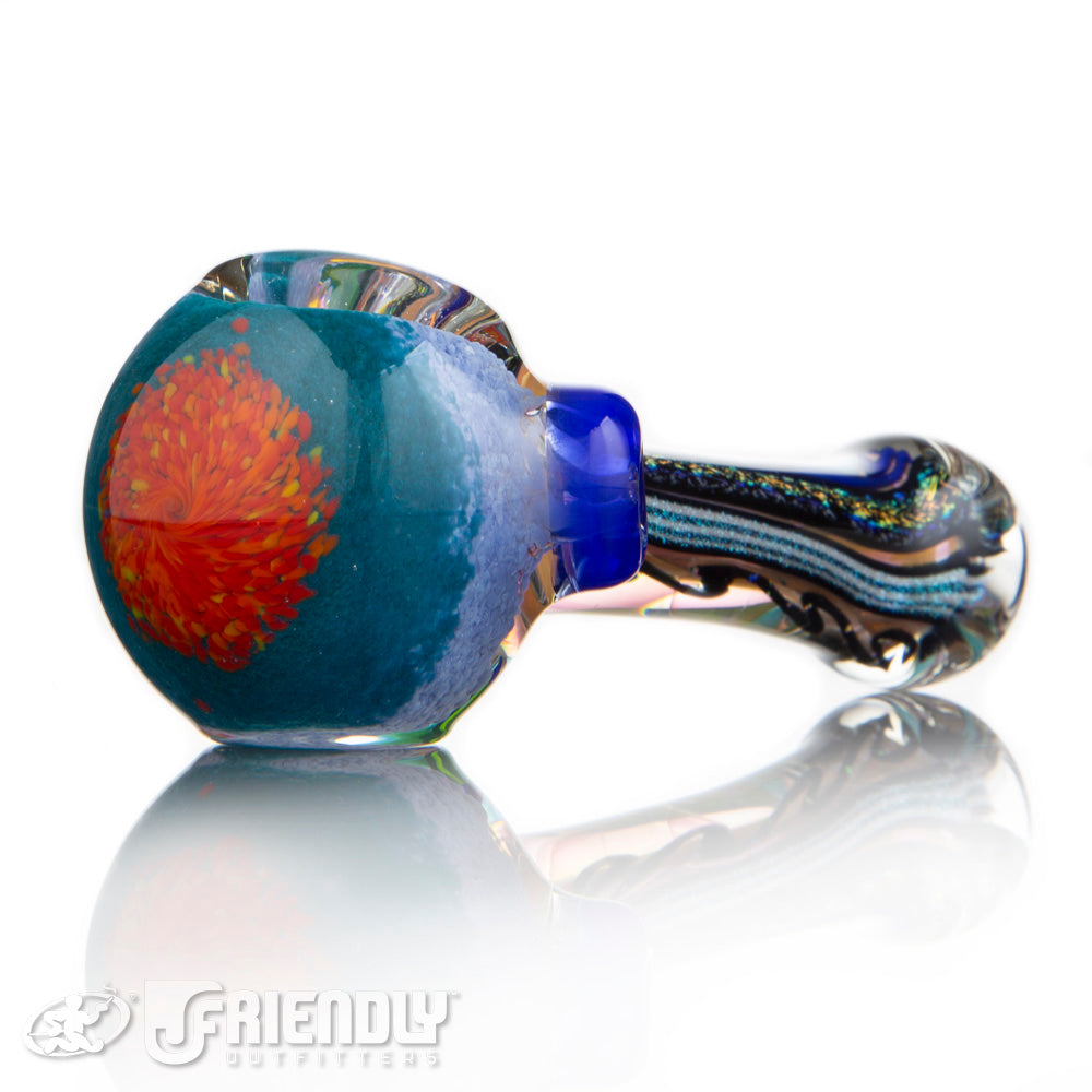 Oregon J Glass Blue and Orange Thick Spoon w/Dichro Stripe