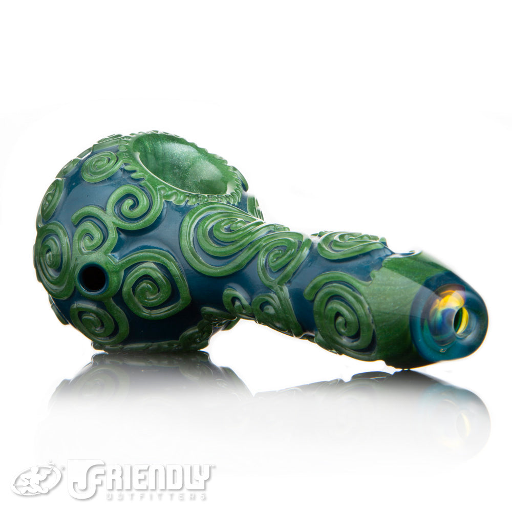 Liberty Glass Blue and Green Heavily Carved Spoon